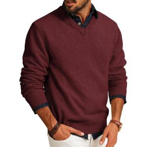 PJ PAUL JONES Mens V Neck Pullover Lightweight Wool Blend Long Sleeve Knit Sweater(Burgundy)