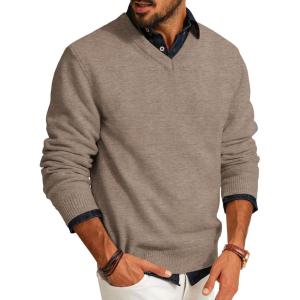 PJ PAUL JONES Mens V Neck Pullover Lightweight Wool Blend Long Sleeve Knit Sweater(Camel)