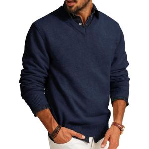 PJ PAUL JONES Mens V Neck Pullover Lightweight Wool Blend Long Sleeve Knit Sweater(Dark Blue)