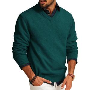 PJ PAUL JONES Mens V Neck Pullover Lightweight Wool Blend Long Sleeve Knit Sweater(Dark Green)