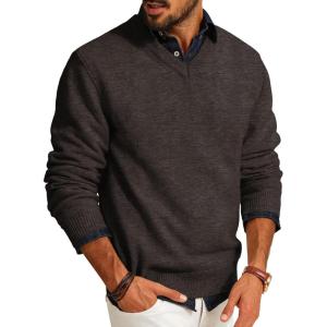 PJ PAUL JONES Mens V Neck Pullover Lightweight Wool Blend Long Sleeve Knit Sweater(Dark Khaki)