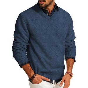 PJ PAUL JONES Mens V Neck Pullover Lightweight Wool Blend Long Sleeve Knit Sweater(Denim Blue)