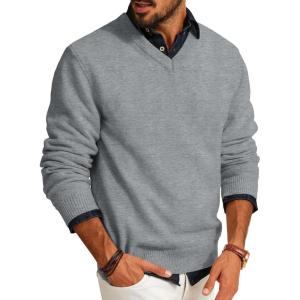 PJ PAUL JONES Mens V Neck Pullover Lightweight Wool Blend Long Sleeve Knit Sweater(Gray)
