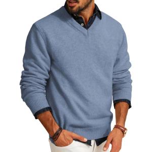 PJ PAUL JONES Mens V Neck Pullover Lightweight Wool Blend Long Sleeve Knit Sweater(Gray Blue)