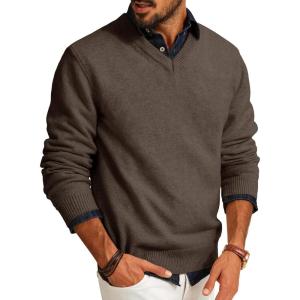 PJ PAUL JONES Mens V Neck Pullover Lightweight Wool Blend Long Sleeve Knit Sweater(Khaki)