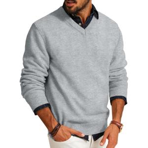PJ PAUL JONES Mens V Neck Pullover Lightweight Wool Blend Long Sleeve Knit Sweater(Light Gray)