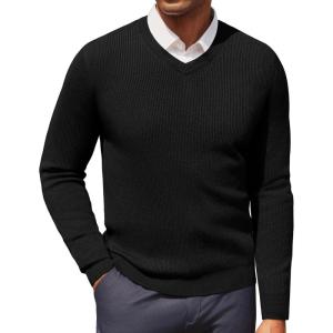 PJ PAUL JONES Mens V Neck Sweater Casual Textured Pullover Sweaters Lightweight Ribbed Knit Pullover(Black)