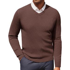 PJ PAUL JONES Mens V Neck Sweater Casual Textured Pullover Sweaters Lightweight Ribbed Knit Pullover(Coffee)