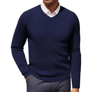 PJ PAUL JONES Mens V Neck Sweater Casual Textured Pullover Sweaters Lightweight Ribbed Knit Pullover(Navy Blue)