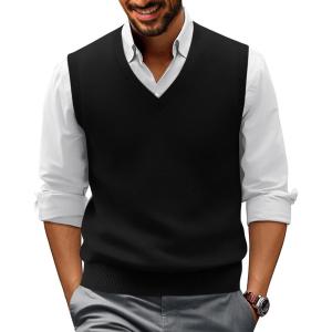 PJ PAUL JONES Mens V-Neck Knitted Sweater Vest Solid Plain Sleeveless Pullover Knitwear(Black)