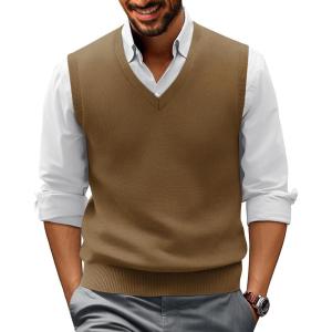 PJ PAUL JONES Mens V-Neck Knitted Sweater Vest Solid Plain Sleeveless Pullover Knitwear(Brown)