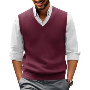 PJ PAUL JONES Mens V-Neck Knitted Sweater Vest Solid Plain Sleeveless Pullover Knitwear(Burgundy)