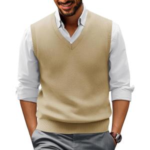 PJ PAUL JONES Mens V-Neck Knitted Sweater Vest Solid Plain Sleeveless Pullover Knitwear(Camel)