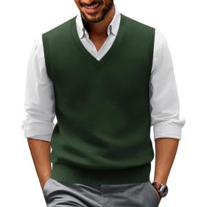 PJ PAUL JONES Mens V-Neck Knitted Sweater Vest Solid Plain Sleeveless Pullover Knitwear(Dark Green)