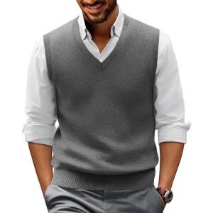 PJ PAUL JONES Mens V-Neck Knitted Sweater Vest Solid Plain Sleeveless Pullover Knitwear(Grey)