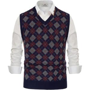 PJ PAUL JONES Mens V-Neck Knitted Sweater Vest Solid Plain Sleeveless Pullover Knitwear(Navy Blue-argyle)