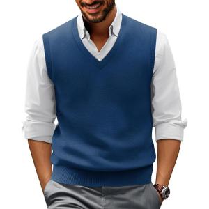 PJ PAUL JONES Mens V-Neck Knitted Sweater Vest Solid Plain Sleeveless Pullover Knitwear(Sea Blue)