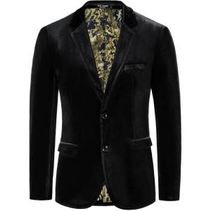 PJ PAUL JONES Mens Velvet Blazer Jacket Two Button Sport Coat Solid Suit Jackets for Dinner Prom Wedding(Black)