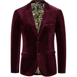 PJ PAUL JONES Mens Velvet Blazer Jacket Two Button Sport Coat Solid Suit Jackets for Dinner Prom Wedding(Black Red)
