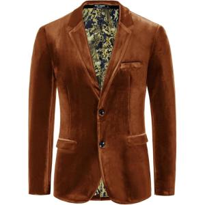 PJ PAUL JONES Mens Velvet Blazer Jacket Two Button Sport Coat Solid Suit Jackets for Dinner Prom Wedding(Brown)