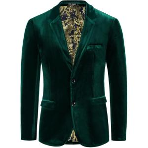 PJ PAUL JONES Mens Velvet Blazer Jacket Two Button Sport Coat Solid Suit Jackets for Dinner Prom Wedding(Dark Green)