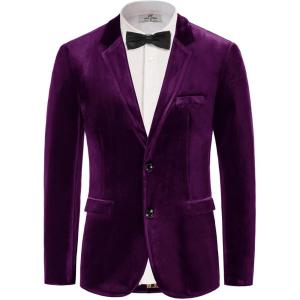 PJ PAUL JONES Mens Velvet Blazer Jacket Two Button Sport Coat Solid Suit Jackets for Dinner Prom Wedding(Dark Purple)