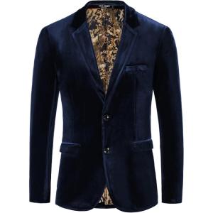 PJ PAUL JONES Mens Velvet Blazer Jacket Two Button Sport Coat Solid Suit Jackets for Dinner Prom Wedding(Navy)