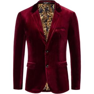 PJ PAUL JONES Mens Velvet Blazer Jacket Two Button Sport Coat Solid Suit Jackets for Dinner Prom Wedding(Wine)