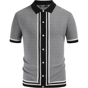 PJ PAUL JONES Men’s Vintage Stripe Knit Polo Shirts Short Sleeve Stylish Button Down Cardigan Sweater(Black-knit)