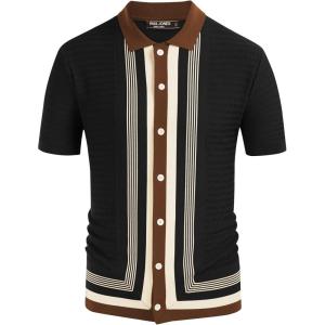 PJ PAUL JONES Men’s Vintage Stripe Knit Polo Shirts Short Sleeve Stylish Button Down Cardigan Sweater(Black-short Sleeve)