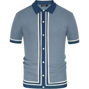 PJ PAUL JONES Men’s Vintage Stripe Knit Polo Shirts Short Sleeve Stylish Button Down Cardigan Sweater(Blue)