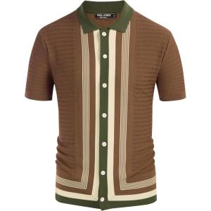 PJ PAUL JONES Men’s Vintage Stripe Knit Polo Shirts Short Sleeve Stylish Button Down Cardigan Sweater(Brown)