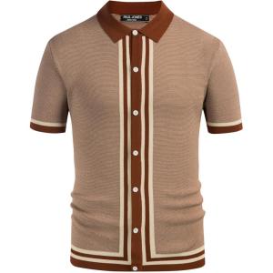 PJ PAUL JONES Men’s Vintage Stripe Knit Polo Shirts Short Sleeve Stylish Button Down Cardigan Sweater(Camarel)