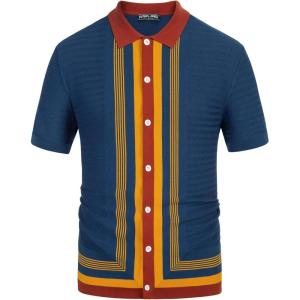PJ PAUL JONES Men’s Vintage Stripe Knit Polo Shirts Short Sleeve Stylish Button Down Cardigan Sweater(Dark Blue)