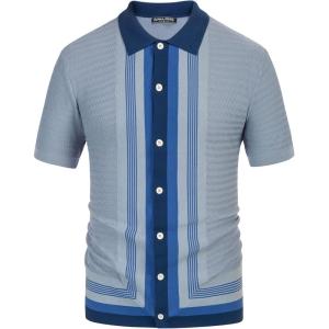 PJ PAUL JONES Men’s Vintage Stripe Knit Polo Shirts Short Sleeve Stylish Button Down Cardigan Sweater(Gray Blue)