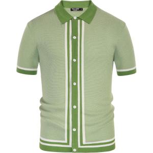 PJ PAUL JONES Men’s Vintage Stripe Knit Polo Shirts Short Sleeve Stylish Button Down Cardigan Sweater(Green-knit)