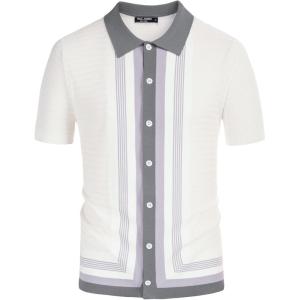 PJ PAUL JONES Men’s Vintage Stripe Knit Polo Shirts Short Sleeve Stylish Button Down Cardigan Sweater(Ivory)