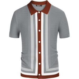 PJ PAUL JONES Men’s Vintage Stripe Knit Polo Shirts Short Sleeve Stylish Button Down Cardigan Sweater(Light Grey)