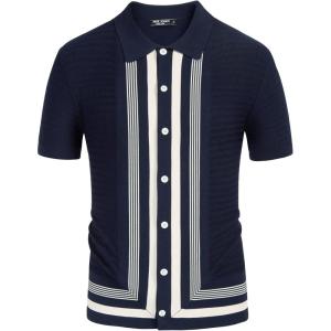 PJ PAUL JONES Men’s Vintage Stripe Knit Polo Shirts Short Sleeve Stylish Button Down Cardigan Sweater(Midnight Blue)