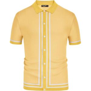 PJ PAUL JONES Men’s Vintage Stripe Knit Polo Shirts Short Sleeve Stylish Button Down Cardigan Sweater(Yellow)