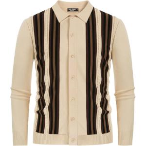 PJ PAUL JONES Mens Vintage Striped Knit Polo Shirt Long Sleeve Button Down Cardigan Sweater(Apricot-long Sleeve)