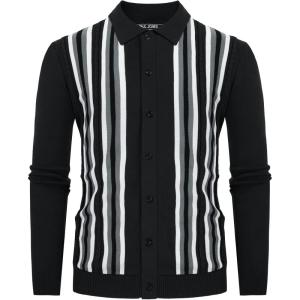 PJ PAUL JONES Mens Vintage Striped Knit Polo Shirt Long Sleeve Button Down Cardigan Sweater(Black Gray-long Sleeve)