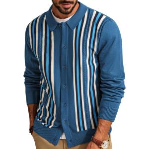 PJ PAUL JONES Mens Vintage Striped Knit Polo Shirt Long Sleeve Button Down Cardigan Sweater(Denim Blue-long Sleeve)