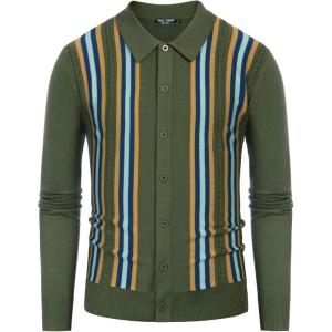 PJ PAUL JONES Mens Vintage Striped Knit Polo Shirt Long Sleeve Button Down Cardigan Sweater(Green-long Sleeve)
