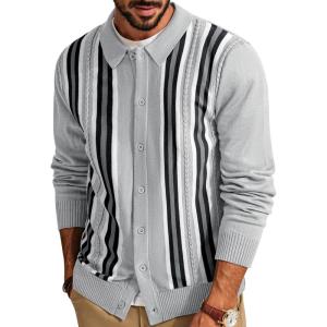 PJ PAUL JONES Mens Vintage Striped Knit Polo Shirt Long Sleeve Button Down Cardigan Sweater(Light Grey-long Sleeve)