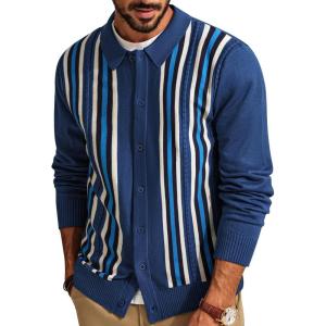 PJ PAUL JONES Mens Vintage Striped Knit Polo Shirt Long Sleeve Button Down Cardigan Sweater(Midnight Blue-long Sleeve)