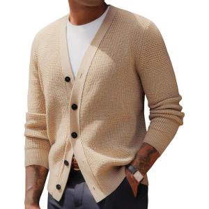 PJ PAUL JONES Mens Waffle Textured Cardigan Sweater Long Sleeve V-Neck Knitted Sweaters(Apricot)