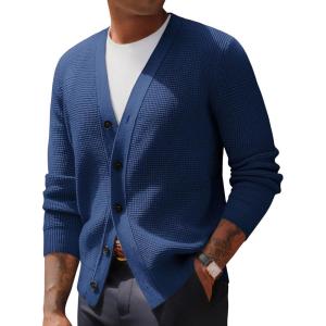 PJ PAUL JONES Mens Waffle Textured Cardigan Sweater Long Sleeve V-Neck Knitted Sweaters(Blue)