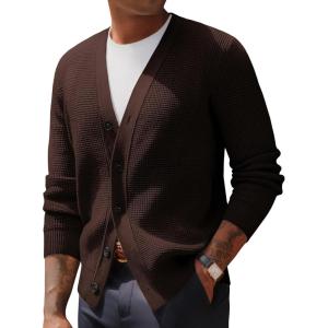 PJ PAUL JONES Mens Waffle Textured Cardigan Sweater Long Sleeve V-Neck Knitted Sweaters(Coffee)