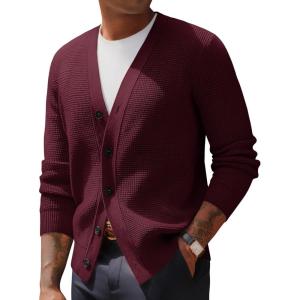 PJ PAUL JONES Mens Waffle Textured Cardigan Sweater Long Sleeve V-Neck Knitted Sweaters(Dark Red)